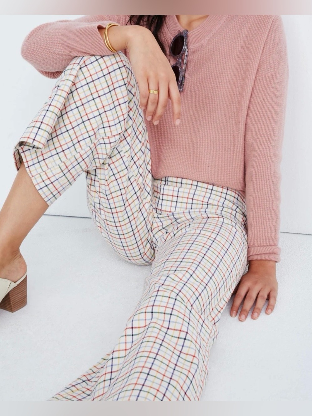 Madewell Emmett Wide-Leg Crop Pants in Rainbow Windowpane, Cream, Women’s 32